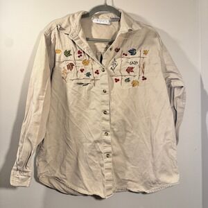 VTG Casual Corner Annex Embroidered Leaf Button Up Women LG Tan Cottagecore Fall